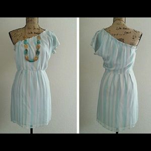 Silk one shoulder printed blue white dress sz XS